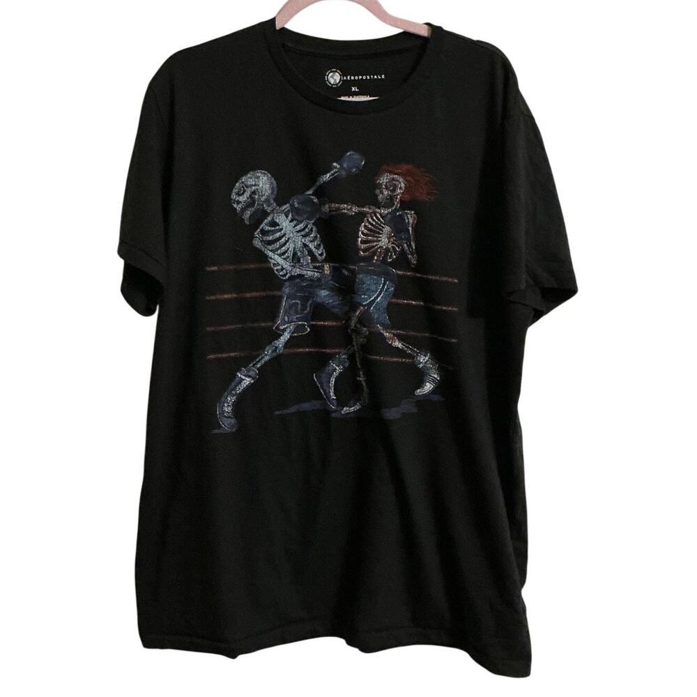 Aeropostale Men XL Black Skeleton Boxing Graphic T-Shirt Short Sleeve Crew Tee